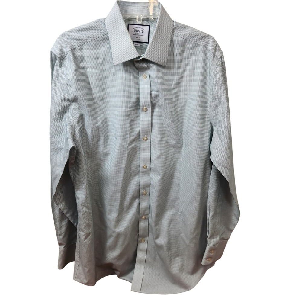 Charles Tyrwhitt Slim Fit Green Gingham Non Iron Mens Dress Shirt Size 16 1/2 35 - Picture 2 of 6